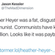 Jason Kessler’s tweet calling Heather Heyer, the woman killed by a neo-Nazi terrorist, a “fast, disgusting Communist” and saying that her death was “payback” (Twitter)